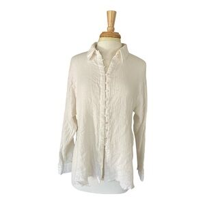 Miou Muse Button Down Crinkle Textured Blouse with Frayed Edges